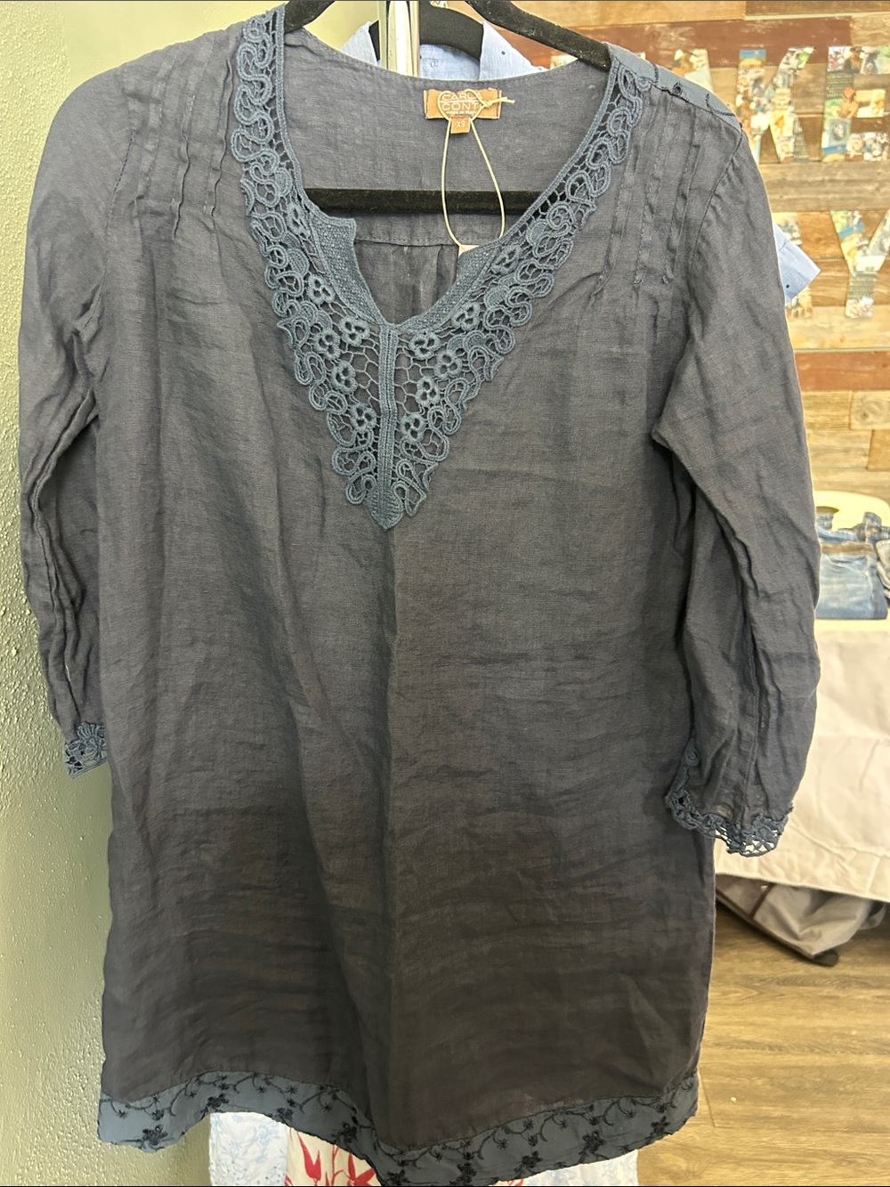 Women's Carla Conti Blue Embroidered V-Neck Linen Dress